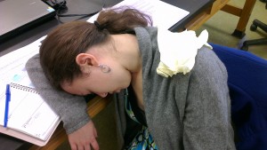 Johanna taking a nap during TA Prep-meeting